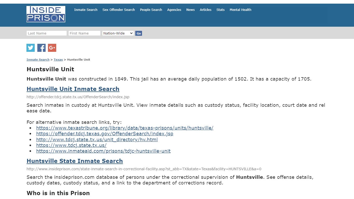 Huntsville Unit - Texas - Inmate Search - Inside Prison